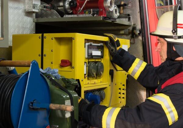 Feuerwehrmann im Einsatz am Stromgenerator